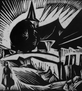 A black and white illustration depicting a large, abstract figure wearing a tall, pointed hat, reminiscent of a witch, standing on an arched structure. The background consists of sharp, angular lines and patterns, giving a sense of movement. In the foreground, a smaller silhouetted figure seems to be walking towards the larger form.