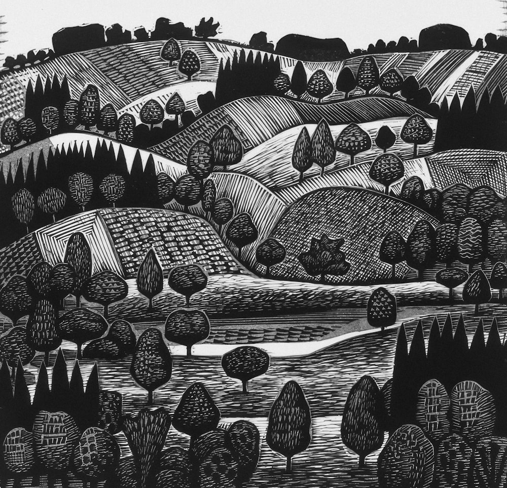 a black and white drawing of a landscape