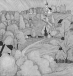 A detailed pencil drawing of a serene landscape framed elegantly.