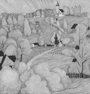 A detailed ink sketch of a serene countryside scene on aged parchment, with delicate sepia shading.