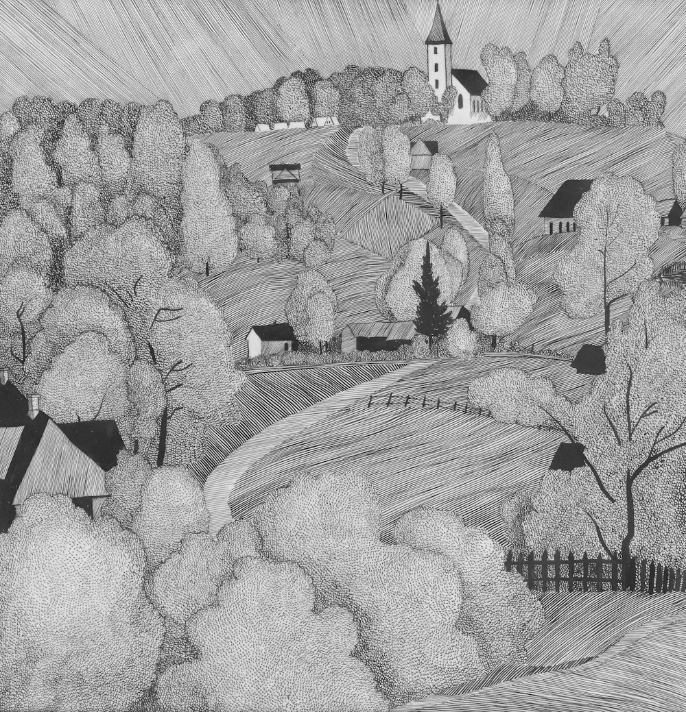 a black and white drawing of a rural landscape