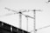 Several tower cranes extend into the sky above a partially visible building, creating a network of metal structures. The image is in black and white, emphasizing the industrial and geometric lines.
