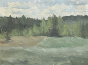 a painting of a river with trees in the background