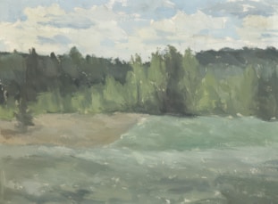 a painting of a river with trees in the background