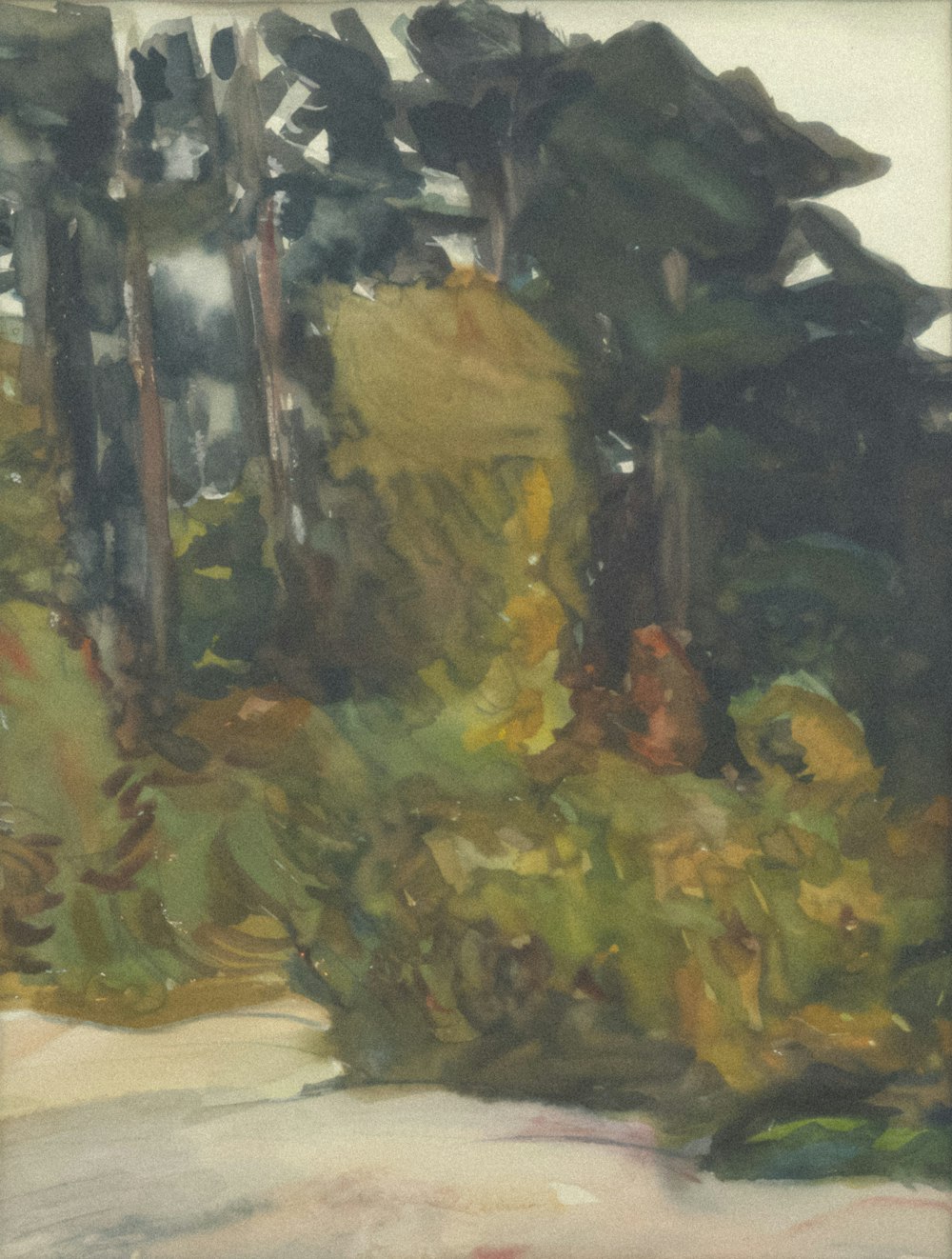 una pintura de árboles y arbustos en un bosque