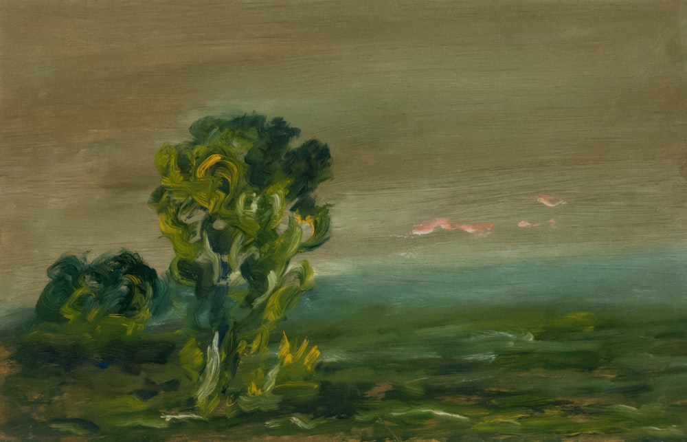 a painting of a green plant in a field