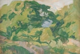 A stylized landscape painting featuring lush green foliage and trees. The brush strokes are expressive and abstract, giving a sense of movement and vitality to the natural scenery.
