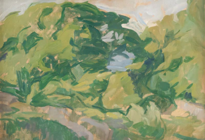 A vibrant hand-painted landscape canvas with rich colors and textured brushstrokes.