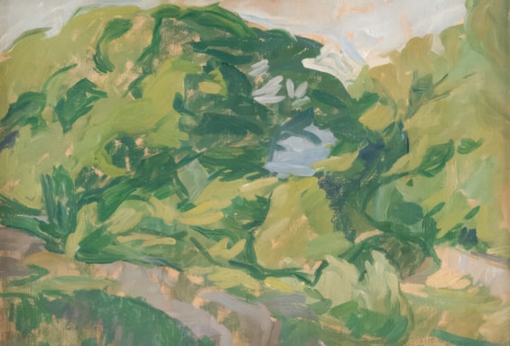 A stylized landscape painting featuring lush green foliage and trees. The brush strokes are expressive and abstract, giving a sense of movement and vitality to the natural scenery.