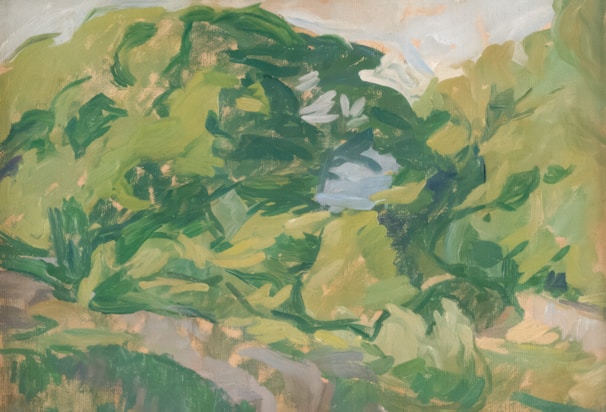 A vibrant painting of a Colombian landscape filled with lush greenery.