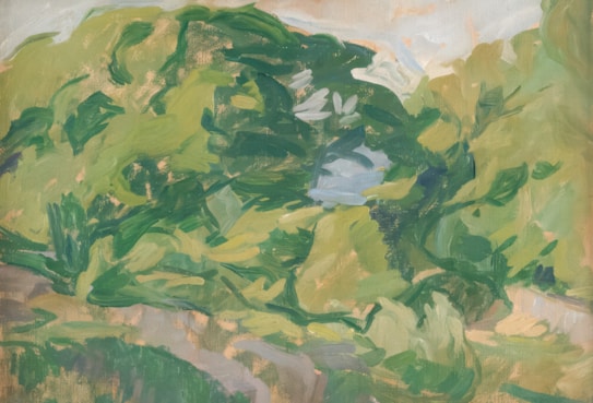 A stylized landscape painting featuring lush green foliage and trees. The brush strokes are expressive and abstract, giving a sense of movement and vitality to the natural scenery.