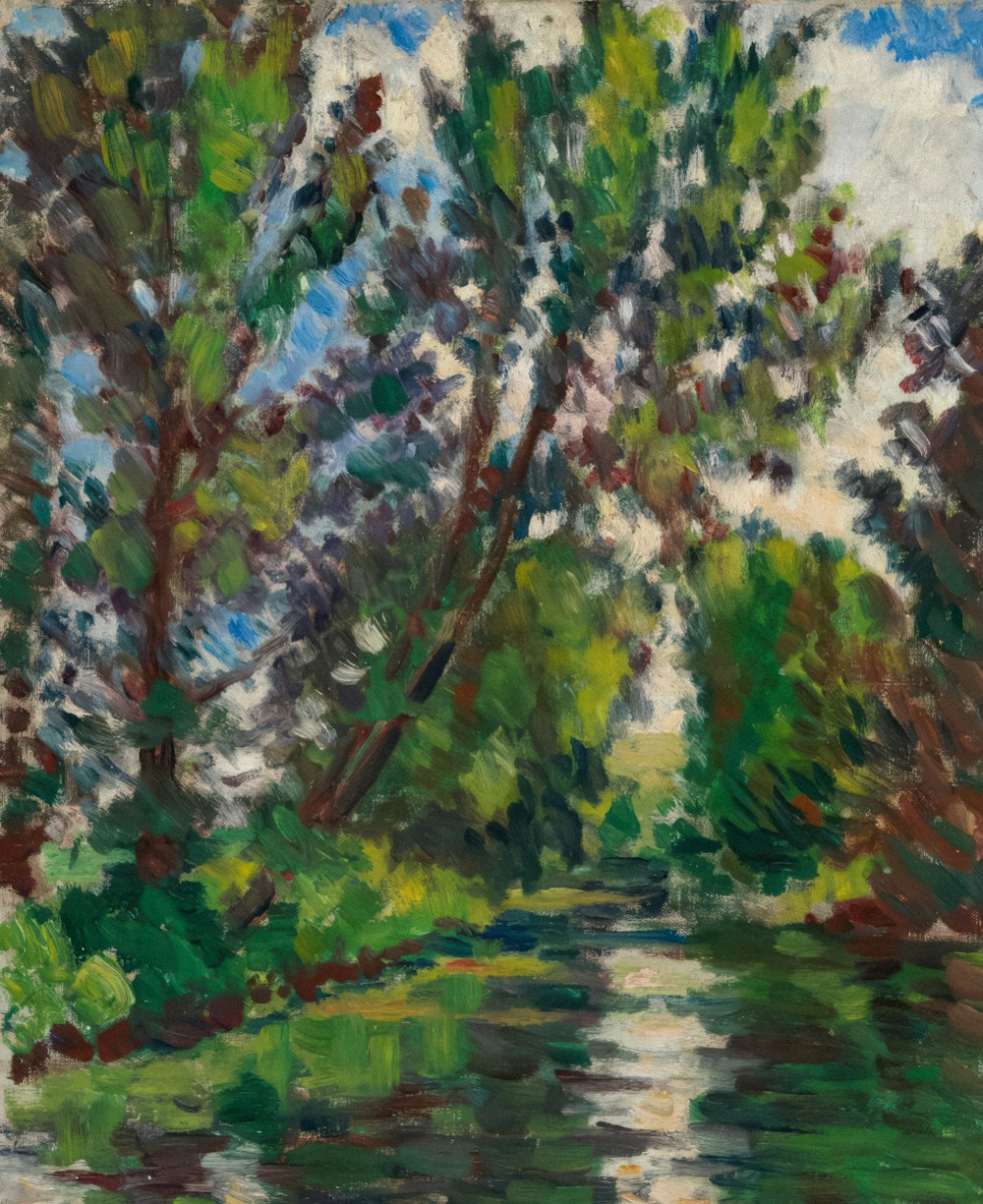 a painting of a river with trees in the background