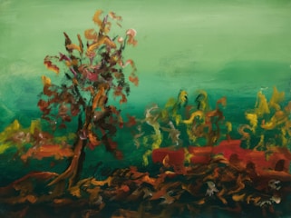An abstract painting featuring swirling and fluid brushstrokes that form a tree and surrounding landscape. The background consists of varying shades of green, while the tree and ground include rich browns, reds, and yellows, creating a sense of depth and movement.