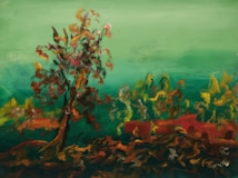 An abstract painting featuring swirling and fluid brushstrokes that form a tree and surrounding landscape. The background consists of varying shades of green, while the tree and ground include rich browns, reds, and yellows, creating a sense of depth and movement.
