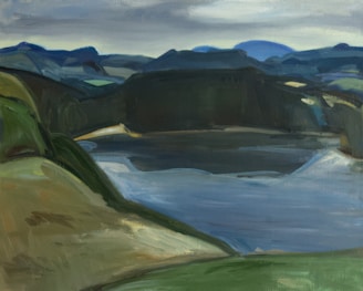 An abstract landscape with flowing forms that suggest hills or mountains surrounding a large body of water. The color palette is subdued with deep greens, muted blues, and soft earthy tones. The paint strokes create a sense of movement and depth.
