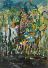 A vibrant abstract painting with a mix of bold and soft brushstrokes. The composition includes a variety of colors and shapes that create a sense of movement and depth. The image predominantly features interwoven patterns and textures, with an impressionistic style that suggests a natural landscape, possibly with trees and foliage.