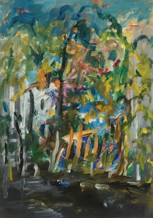 A vibrant abstract painting with a mix of bold and soft brushstrokes. The composition includes a variety of colors and shapes that create a sense of movement and depth. The image predominantly features interwoven patterns and textures, with an impressionistic style that suggests a natural landscape, possibly with trees and foliage.