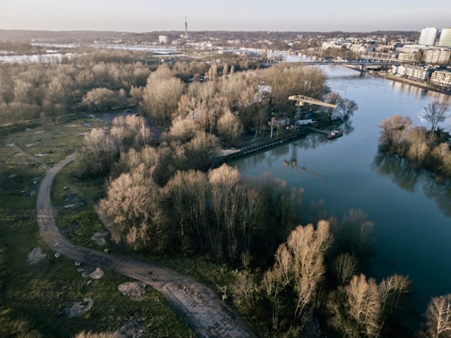 An aerial view of a serene landscape featuring a river surrounded by patches of trees. Buildings and infrastructure are evident in the background, along with a bridge crossing the water. The land is a mix of grass and pathways, with sparse tree coverage and a generally open area.