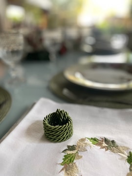 Close-up of embroidered tablecloth and matching napkins.