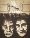 An illustration featuring a large mosquito-like insect with detailed wings and body, positioned above two stylized faces. The faces have contrasting expressions, one appearing sad or melancholic and the other displaying a wry or sinister grin. They are set against a background of abstract geometric shapes and a texture resembling a crowd or multitude.