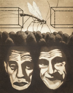 An illustration featuring a large mosquito-like insect with detailed wings and body, positioned above two stylized faces. The faces have contrasting expressions, one appearing sad or melancholic and the other displaying a wry or sinister grin. They are set against a background of abstract geometric shapes and a texture resembling a crowd or multitude.