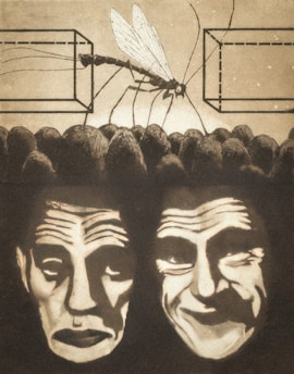 An illustration featuring a large mosquito-like insect with detailed wings and body, positioned above two stylized faces. The faces have contrasting expressions, one appearing sad or melancholic and the other displaying a wry or sinister grin. They are set against a background of abstract geometric shapes and a texture resembling a crowd or multitude.