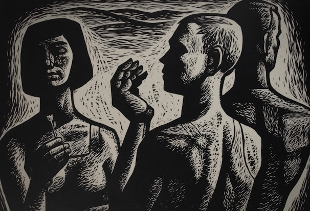 A monochromatic artwork featuring three human figures with stylized and textured patterns. The figures are depicted from the shoulders up, with one holding an object that resembles a flower. The composition uses strong contrast with prominent highlights and shadows.