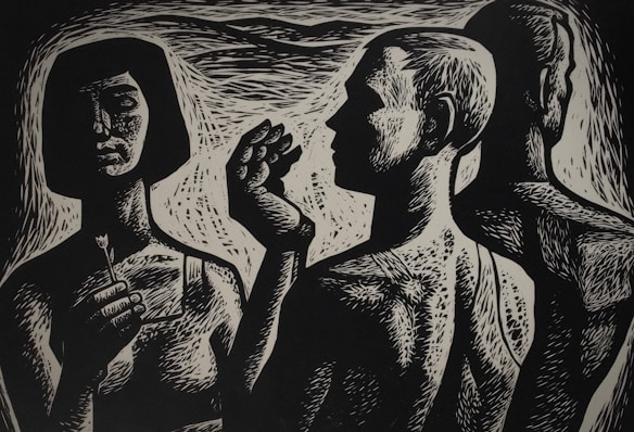 A monochromatic artwork featuring three human figures with stylized and textured patterns. The figures are depicted from the shoulders up, with one holding an object that resembles a flower. The composition uses strong contrast with prominent highlights and shadows.