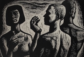 A monochromatic artwork featuring three human figures with stylized and textured patterns. The figures are depicted from the shoulders up, with one holding an object that resembles a flower. The composition uses strong contrast with prominent highlights and shadows.