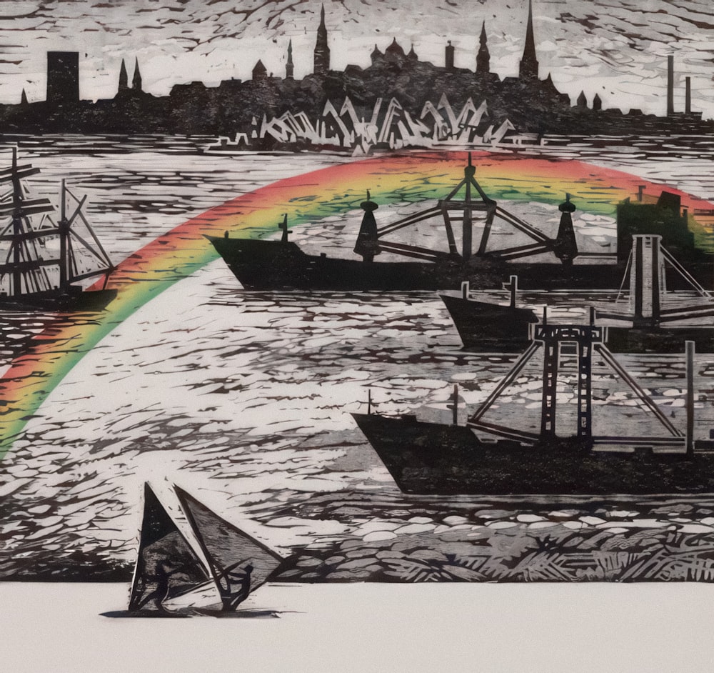 un disegno di un arcobaleno sopra un porto