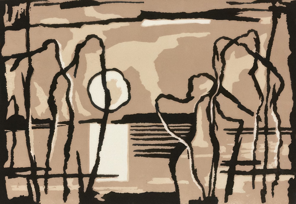 a drawing of a group of people standing in front of a window