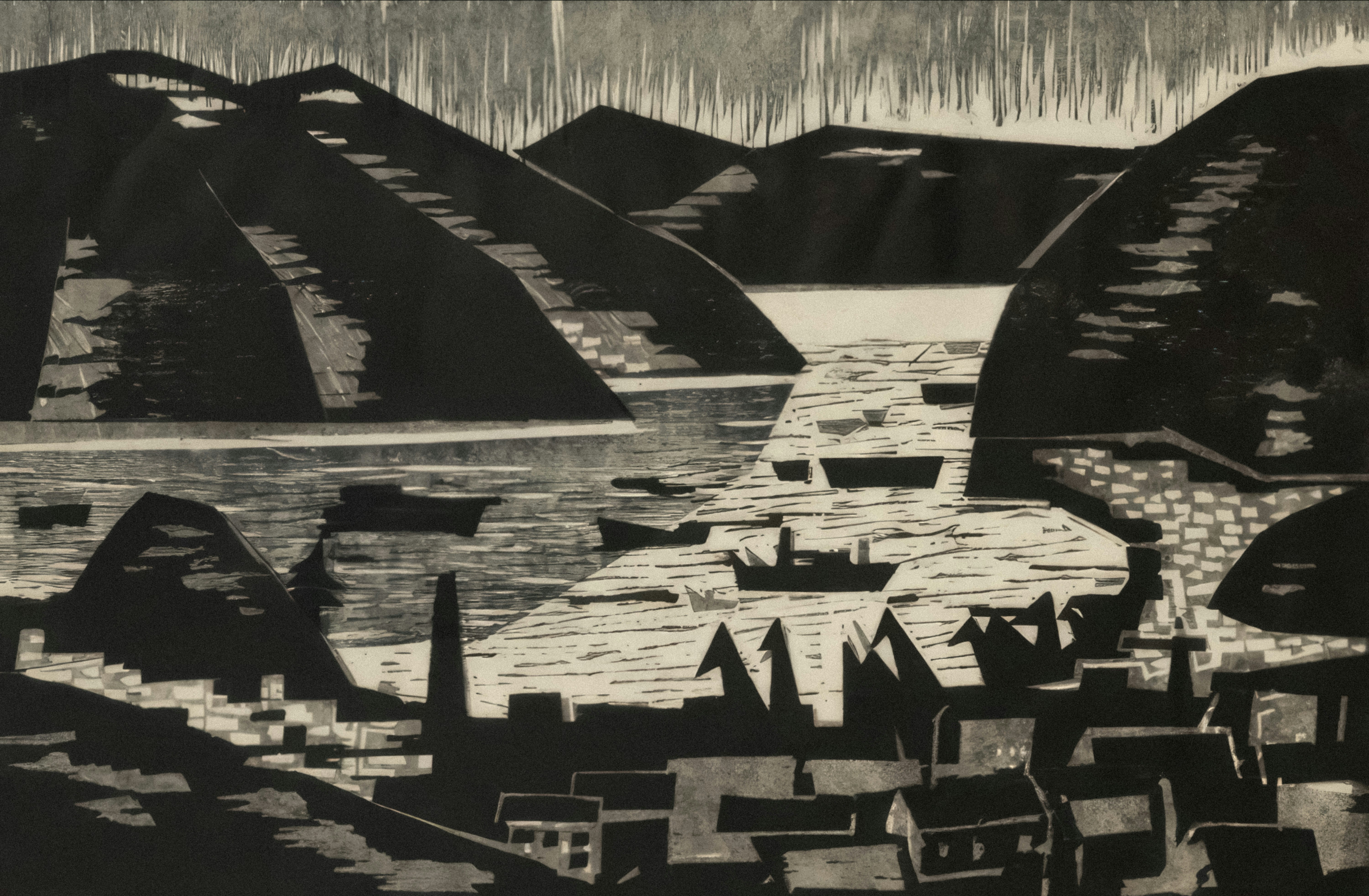 a black and white drawing of a city by the water