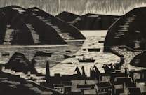 A black and white abstract landscape with mountains in the background, a body of water in the center, and angular, geometric structures resembling buildings in the foreground.