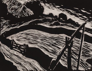 A monochromatic illustration featuring a dynamic composition with curved and sharp lines. It includes abstract forms that resemble a river or stream flowing past angular and curved structures, possibly rocks or hills, with a prominent object resembling a wooden bridge or structure.