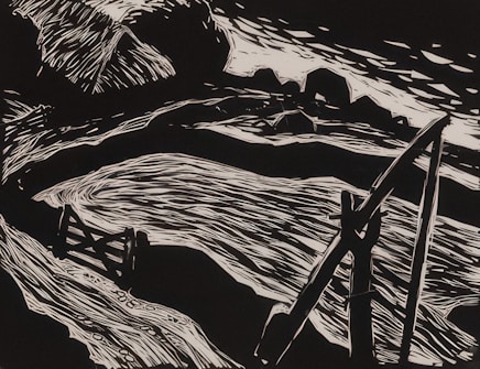 A monochromatic illustration featuring a dynamic composition with curved and sharp lines. It includes abstract forms that resemble a river or stream flowing past angular and curved structures, possibly rocks or hills, with a prominent object resembling a wooden bridge or structure.