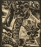 An intricate black and white woodcut-style illustration featuring abstract patterns and shapes, resembling a dense cluster of foliage and branches. A small, stylized figure appears to be sitting among the leaves, adding a touch of mystery.