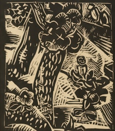 An intricate black and white woodcut-style illustration featuring abstract patterns and shapes, resembling a dense cluster of foliage and branches. A small, stylized figure appears to be sitting among the leaves, adding a touch of mystery.