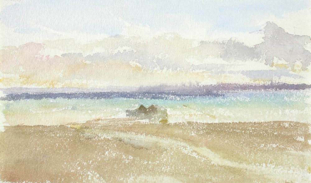 a watercolor painting of a beach scene