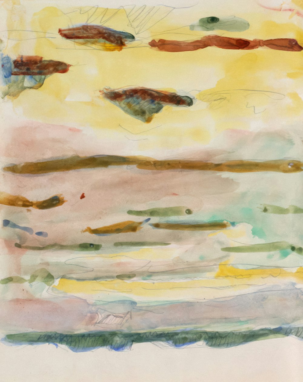 a painting of a yellow sky with clouds