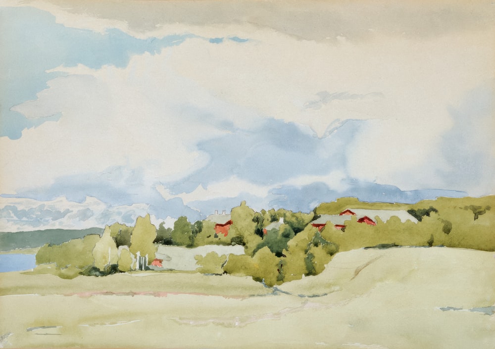ein Gemälde einer Landschaft mit Bäumen und Häusern