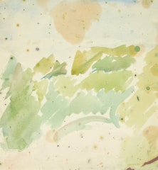 A watercolor painting with abstract patterns featuring soft brushstrokes in green, yellow, and beige. The composition is characterized by its fluid, organic shapes and scattered small dots in various colors.