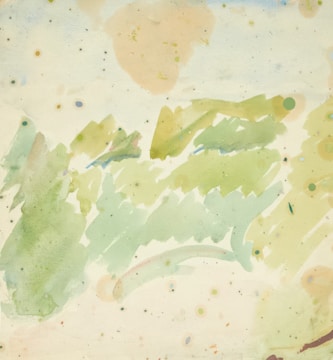 A watercolor painting with abstract patterns featuring soft brushstrokes in green, yellow, and beige. The composition is characterized by its fluid, organic shapes and scattered small dots in various colors.