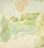A watercolor painting with abstract patterns featuring soft brushstrokes in green, yellow, and beige. The composition is characterized by its fluid, organic shapes and scattered small dots in various colors.