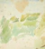 A watercolor floral design featuring soft greens and yellows with delicate organic shapes.
