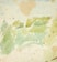 A watercolor painting with abstract patterns featuring soft brushstrokes in green, yellow, and beige. The composition is characterized by its fluid, organic shapes and scattered small dots in various colors.