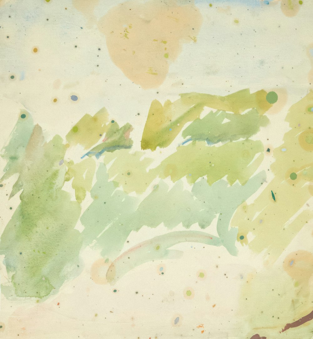 a painting of green and yellow paint on a white background