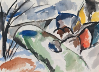 An abstract composition with dynamic, fluid brushstrokes. The painting incorporates a variety of colors, blending together in a harmonious yet chaotic manner. The brushstrokes create a sense of movement and depth, with an interplay of lines and shapes suggesting a landscape or natural scene.
