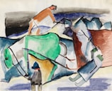 Abstract painting featuring geometric shapes and sweeping lines with a combination of vibrant and muted colors. The composition includes a mix of green, blue, orange, and brown elements, with some areas resembling natural landscapes or figures.