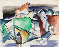 Abstract painting featuring geometric shapes and sweeping lines with a combination of vibrant and muted colors. The composition includes a mix of green, blue, orange, and brown elements, with some areas resembling natural landscapes or figures.