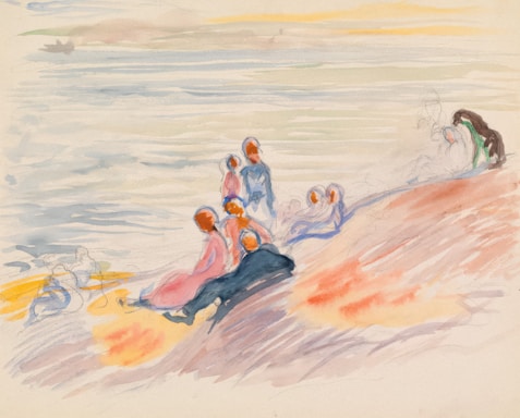 A watercolor painting depicts a group of abstract, faceless figures gathered by a serene waterfront. The figures appear to be sitting or standing on a sandy shore, with soft, flowing lines and muted colors creating an atmosphere of tranquility. The background suggests a calm sea meeting a hazy horizon, with gentle hints of sunlight.